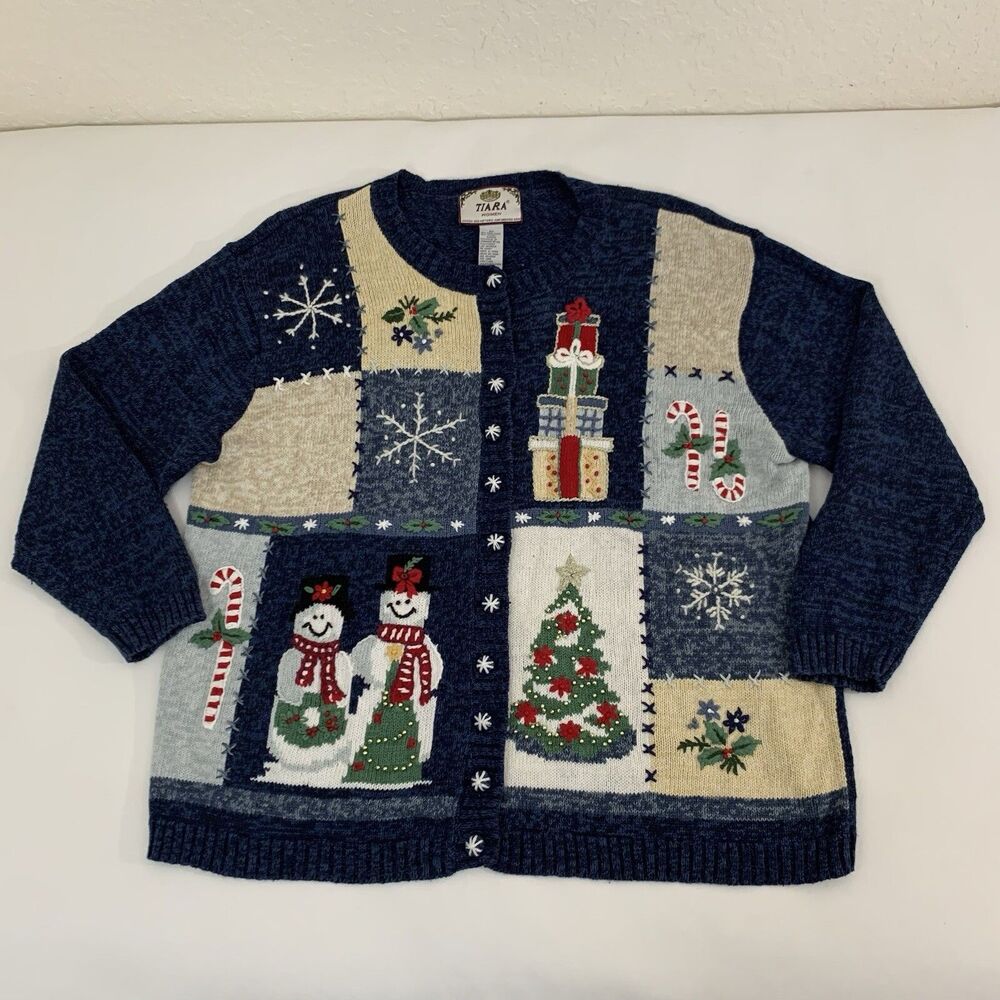 VTG Tiara Christmas Cardigan Sweater 2X Navy Crochet Knit Grandma Holiday Snow